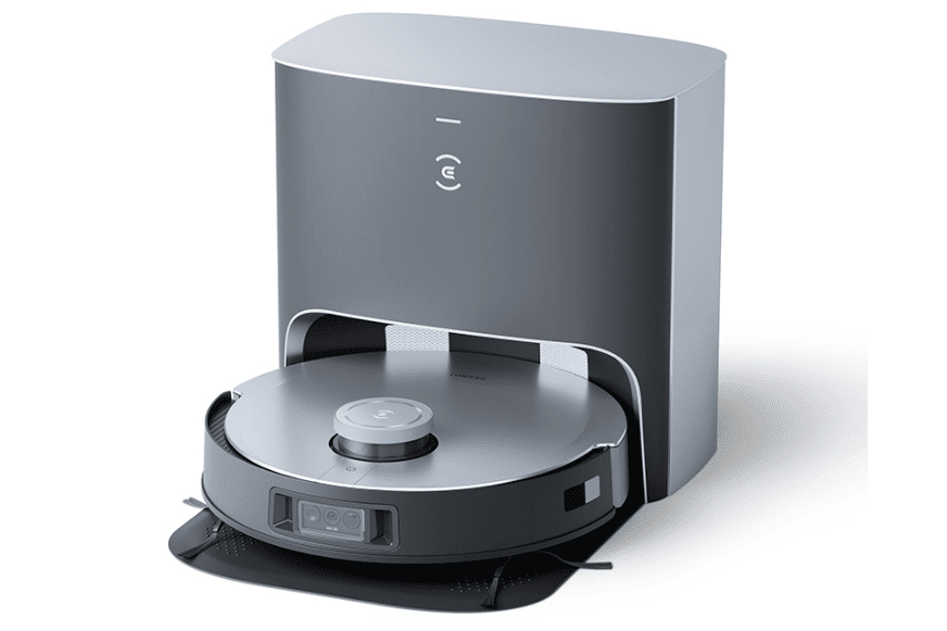 Der Ecovacs Deebot X1 Plus ist samt Absaugstation vor einem weißen Hintergrund zu sehen.