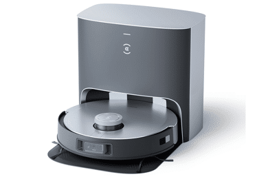 Der Ecovacs Deebot X1 Plus ist samt Absaugstation vor einem weißen Hintergrund zu sehen.