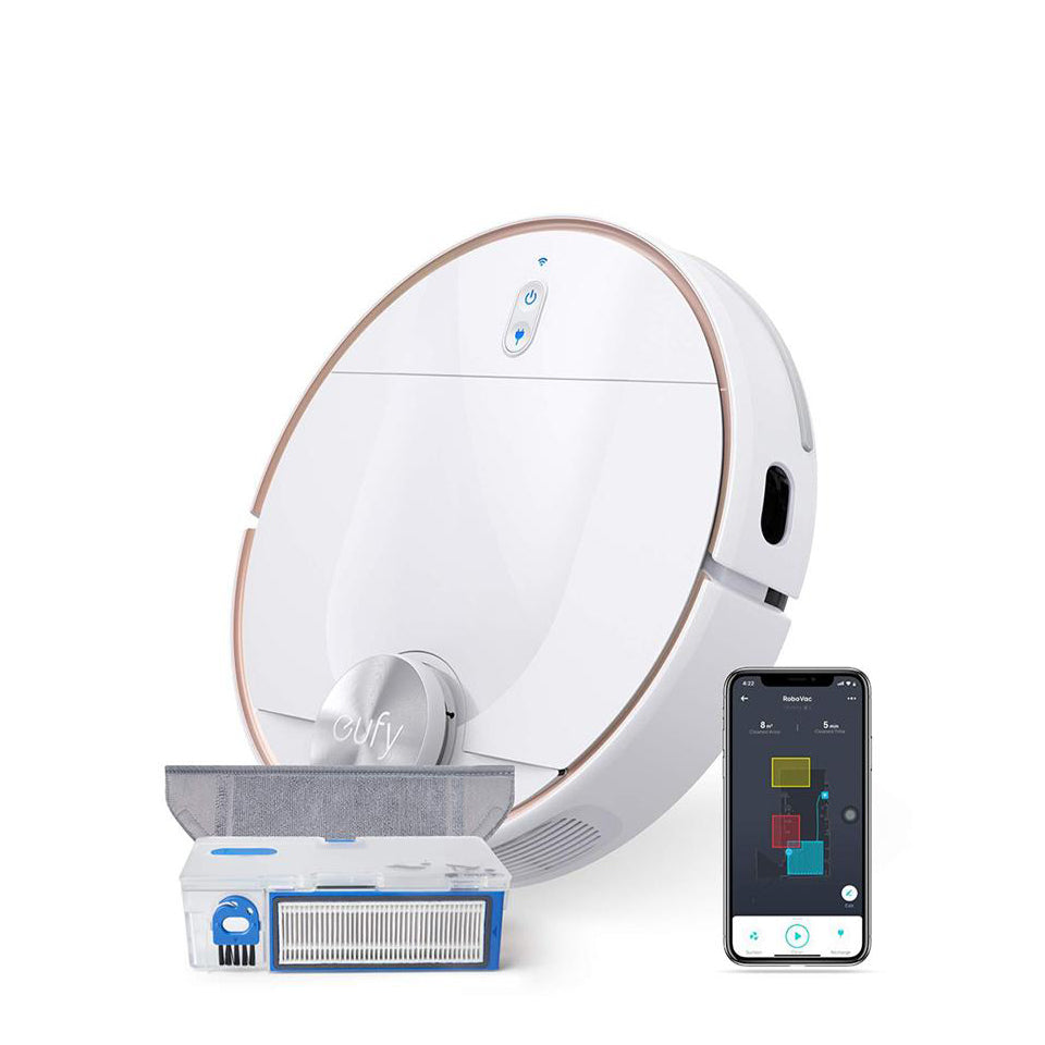 Eufy RoboVac L17 Hybrid ist vor einem weißen Hintergrund zu sehen.