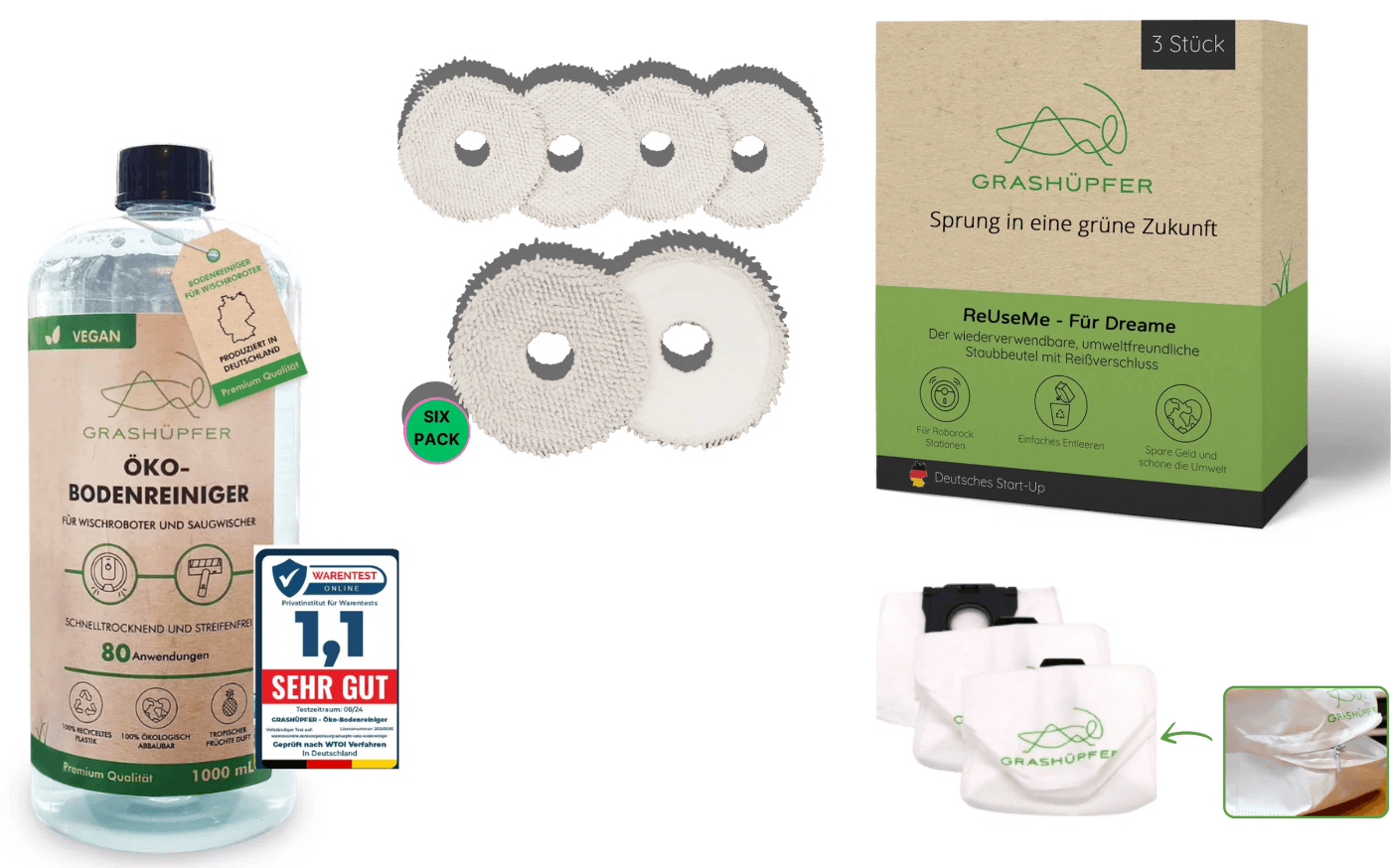 Ersatzteile Set des Roborock Q Revo sind vor einem weißen Hintergrund zu sehen.