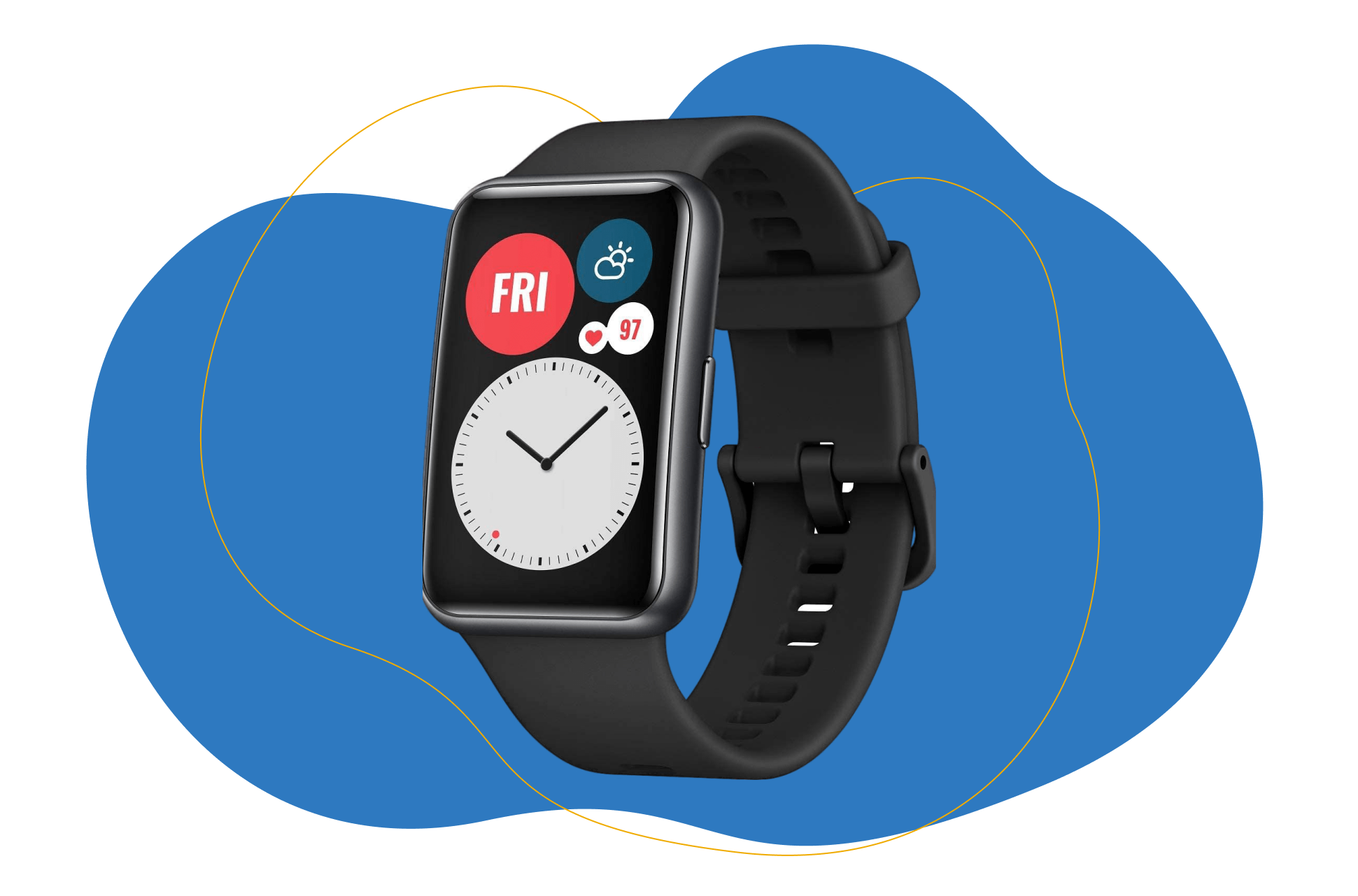 Die Huawei Watch Fit ist in Nahaufnahme vor einem weißen Hintergrund zu sehen.
