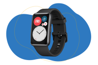 Die Huawei Watch Fit ist in Nahaufnahme vor einem weißen Hintergrund zu sehen.