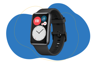 Die Huawei Watch Fit ist in Nahaufnahme vor einem weißen Hintergrund zu sehen.