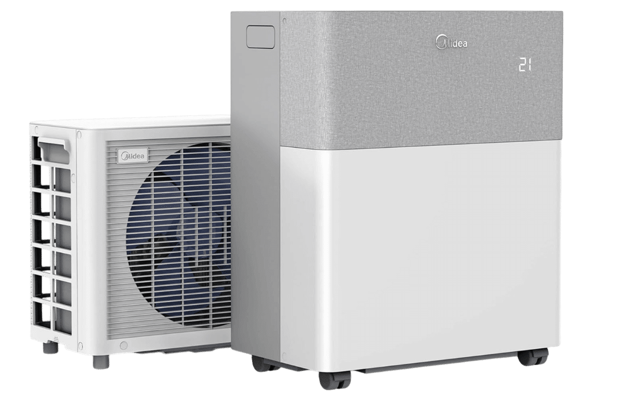 Die Midea PortaSplit mobile Split-Klimaanlage ist zu sehen und besteht aus einem Innenteil und einem Außenteil.