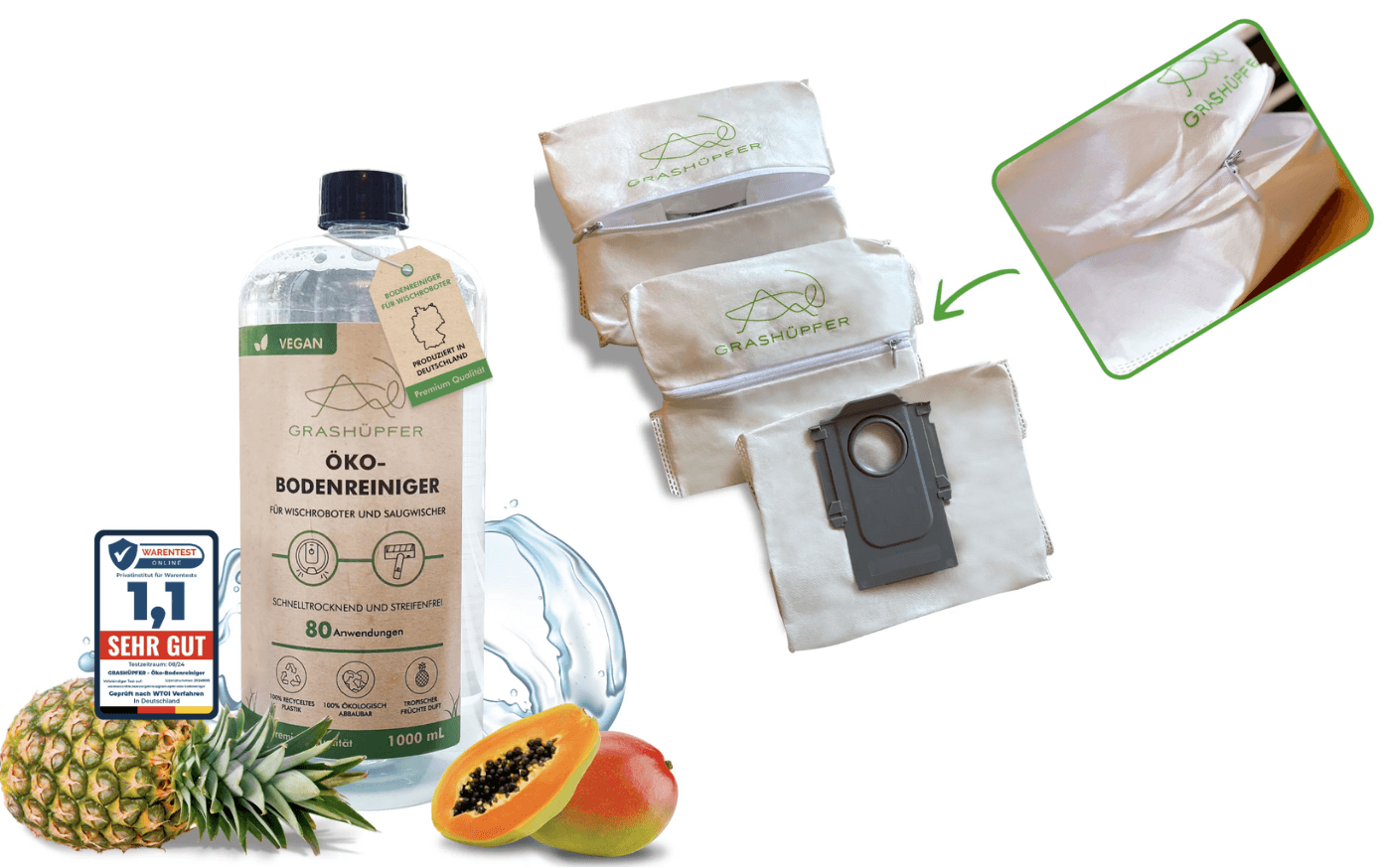 Das Nachfüllset von Grashüpfer für Dreame und Roborock Roboter ist zu sehen.