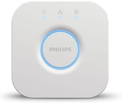 Die Philips Hue Bridge ist vor einem weißen Hintergrund zu sehen