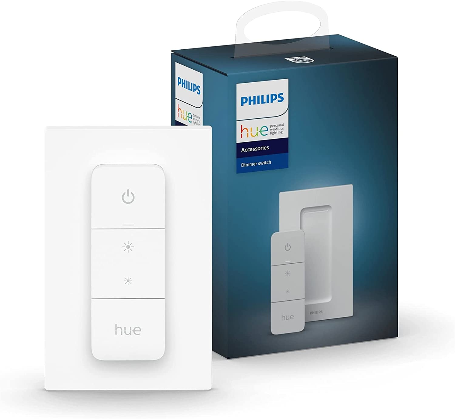 Philips Hue Dimming Schalter ist samt Verpackung vor einem weißen Hintergrund zu sehen
