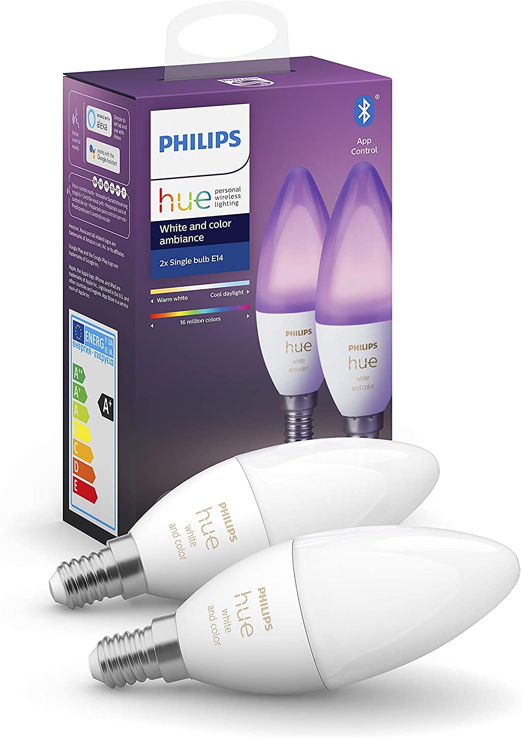 Philips Hue E14 Gluehbirnen sind vor einem weißen Hintergrund zu sehen