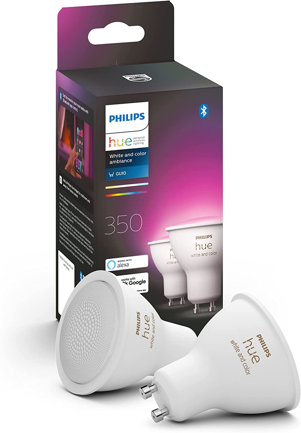 Philips Hue GU10 Gluehbirnen sind vor einem weißen Hintergrund zu sehen