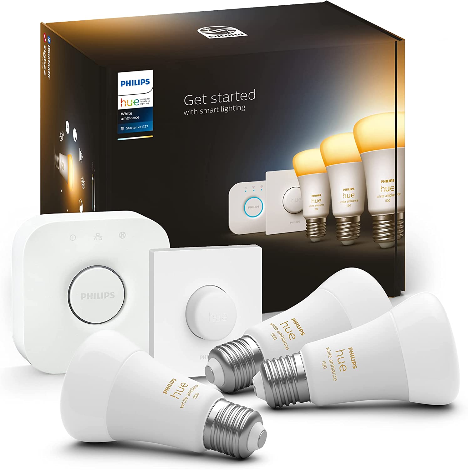 Philips Hue White Ambiance E27 3er Starter Set inkl. Smart Button ist vor einem weißen Hintergrund zu sehen