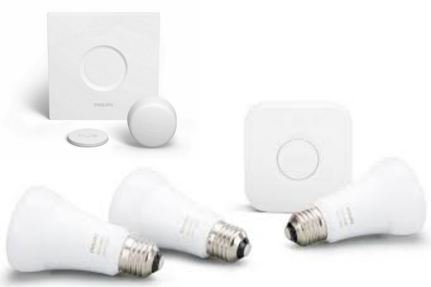 Philips Hue White E27 3er Starter Set inkl. Smart Button ist vor einem weißen Hintergrund zu sehen