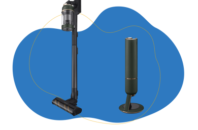 Der Samsung BESPOKE Jet ist samt Absaugstation zu sehen.