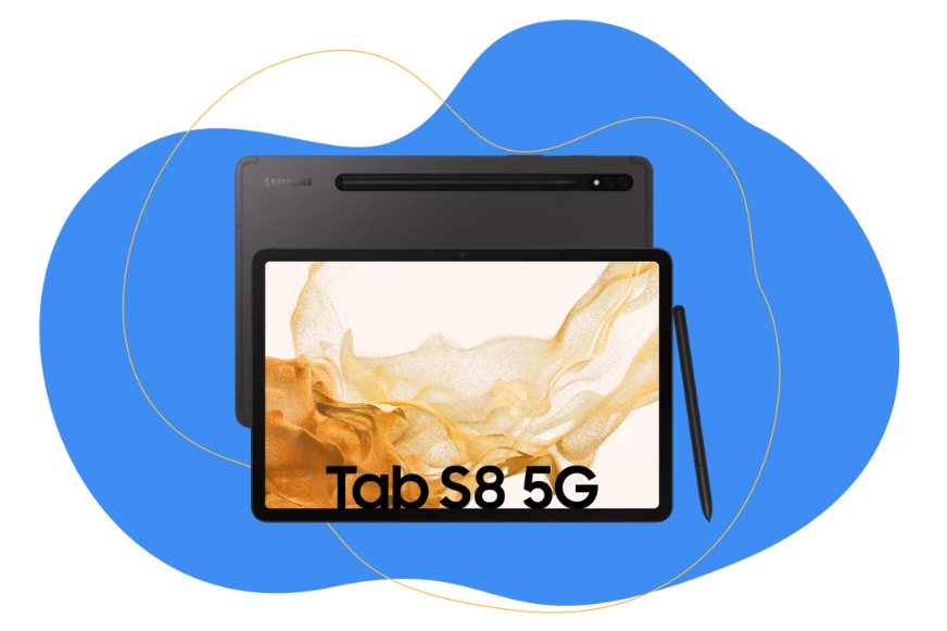 Das Samsung Galaxy Tab 8 ist vor einem blauen Hintergrund zu sehen