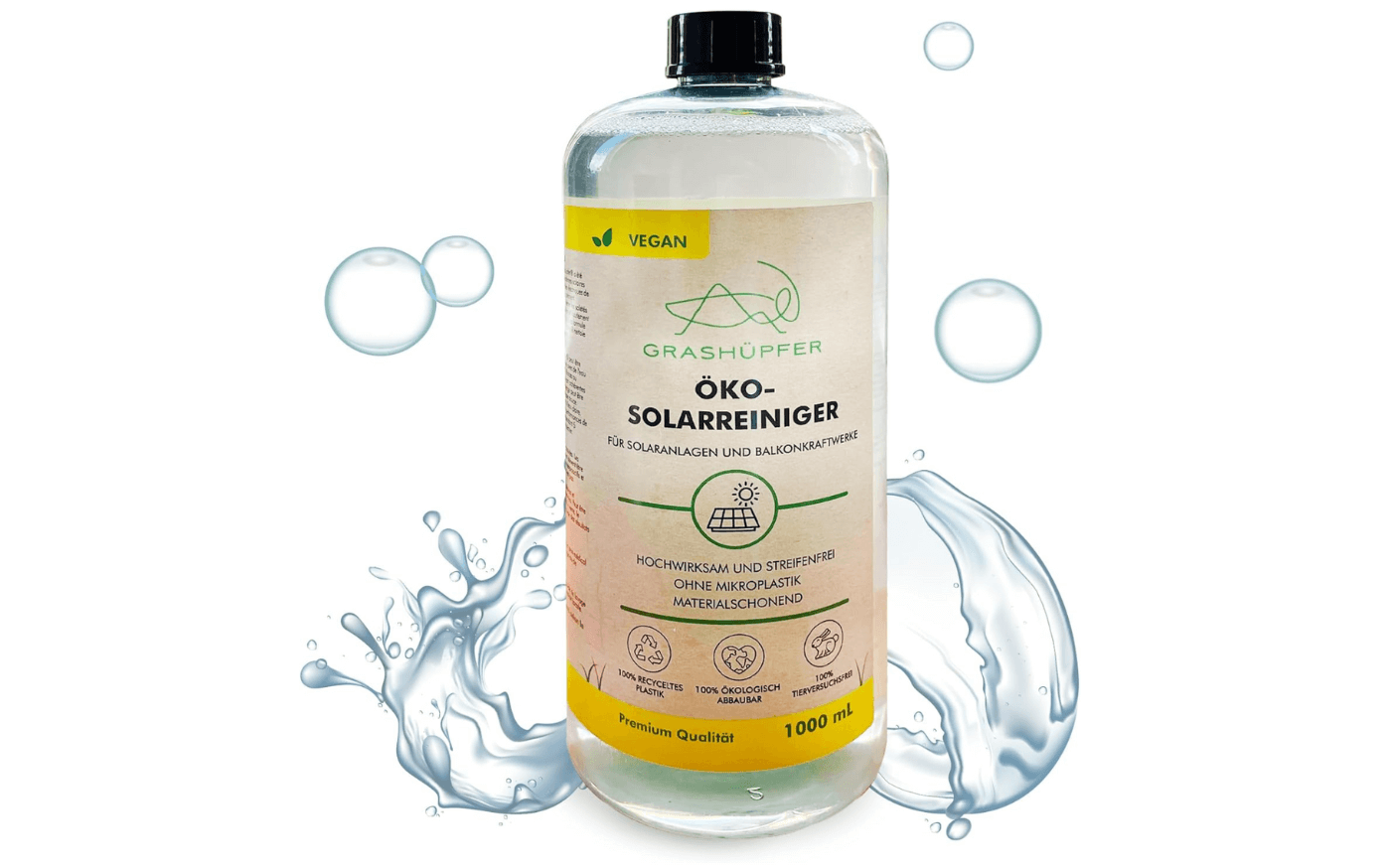 Der Bio Solarreiniger von Grashüpfer ist vor einem weißen Hintergrund zu sehe.