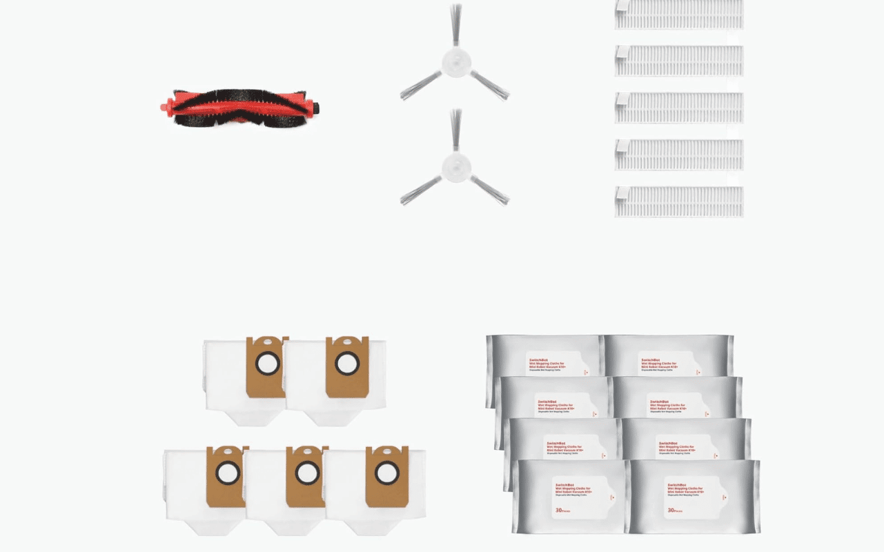 Die Ersatzteile für den SwitchBot K10+ sind vor einem grauen Hintergrund zu sehen.
