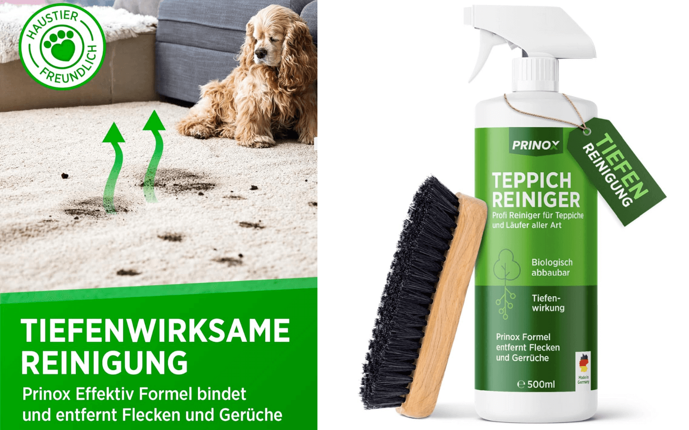 Man sieht eine Flasche des Prinox Teppichreinigers.