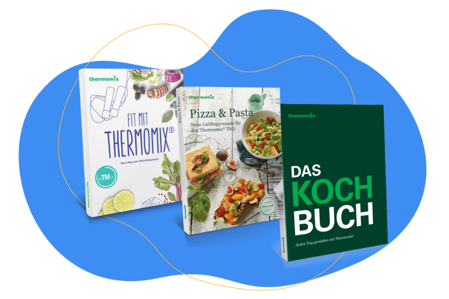 Vorwerk Kochbücher sind vor einem blauen Hintergrund zu sehen.