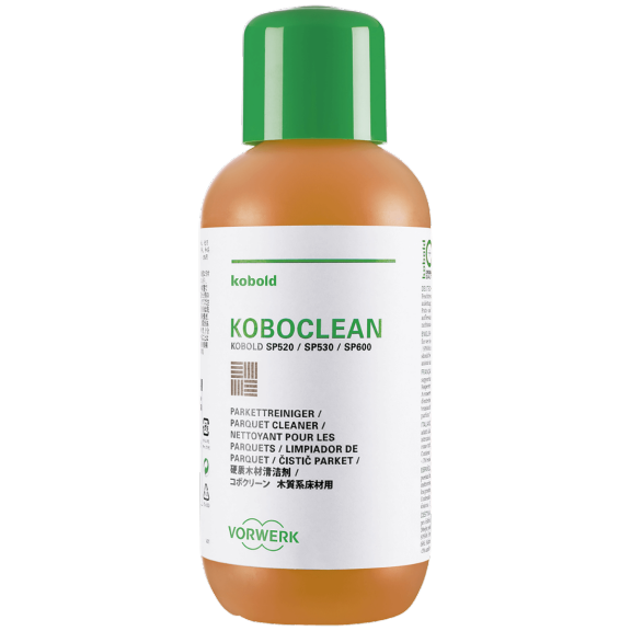 Koboclean Parkett Reinigungsmittel ist vor erinem grauen Hintergrund zu sehen