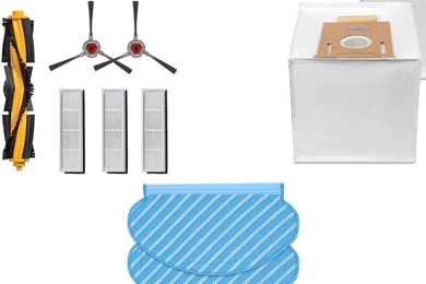 Diverses Zubehör für die Yeedi Vac Serie ist vor einem weißen Hintergrund zu sehen