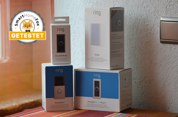 4 Ring Geräte, darunter Video Doorbell 4, Video Doorbell Pro 2, Video Doorbell Wired und Ring Chime