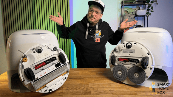 Der Roborock Curv 2 Flow und der Roborock Curv 2 Pro stehen nebeneinander zum Vergleich.