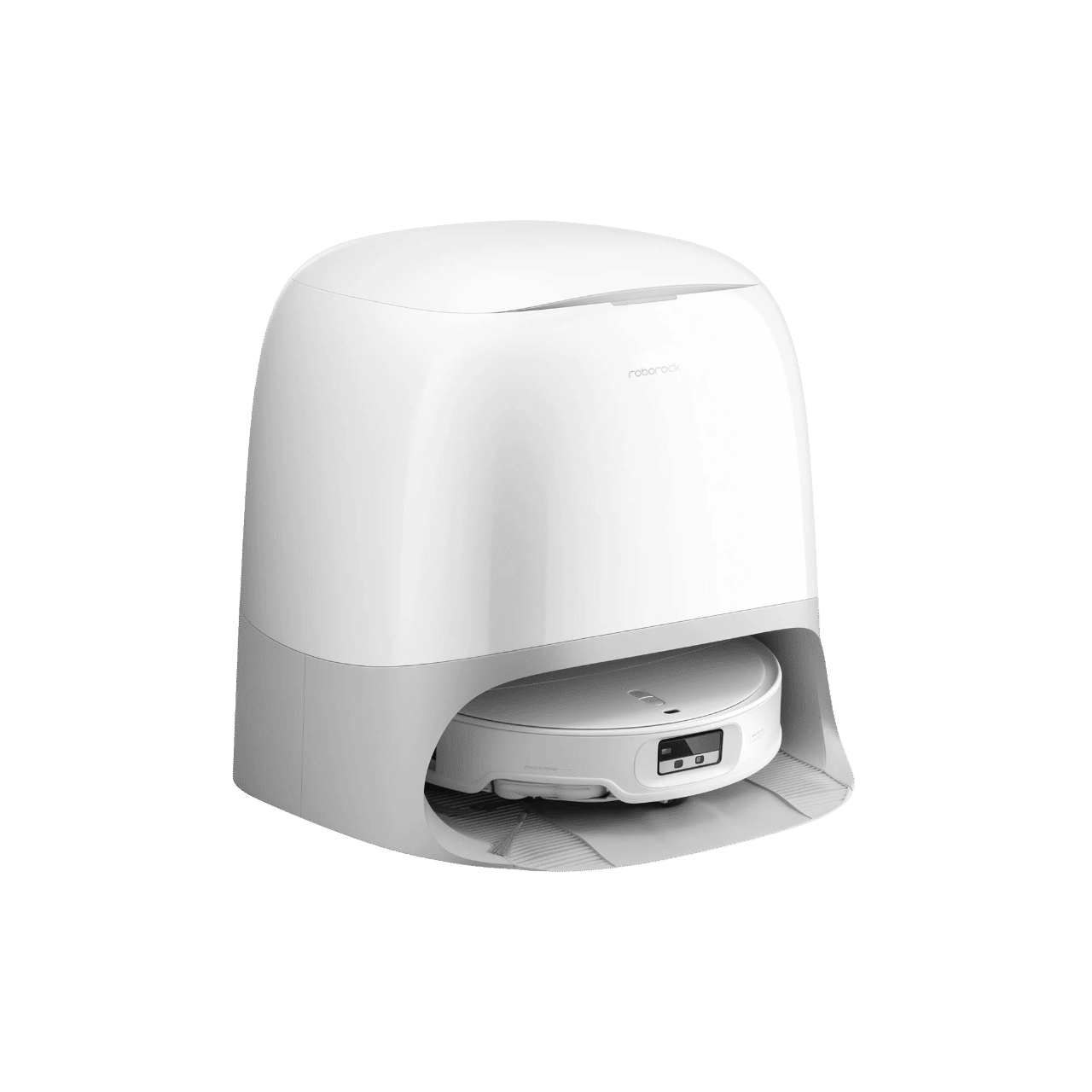 Der Roborock Qrevo Curv 2 Pro Saugroboter samt Absausgation befindet sich in der Absaugstation und ist einzeln vor einem Hintergrund zu sehen.