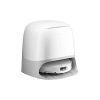 Der Roborock Qrevo Curv 2 Pro Saugroboter samt Absausgation befindet sich in der Absaugstation und ist einzeln vor einem Hintergrund zu sehen.
