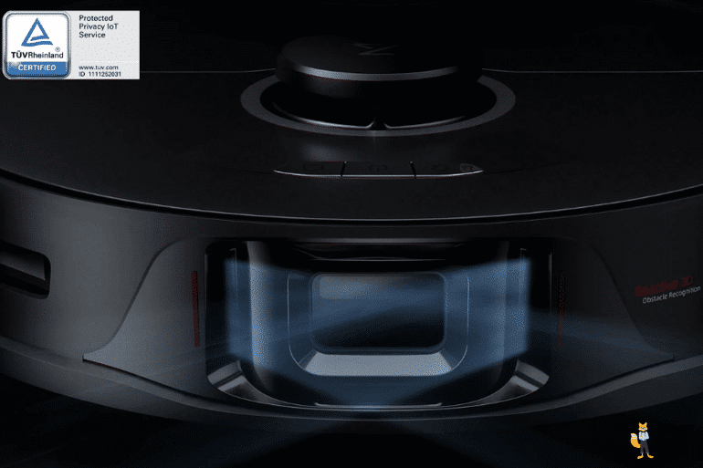 Hinderniserkennungstechnologie des Roborock S8 Pro Ultra Saugroboters ist in der Nahaufnahme zu sehen.