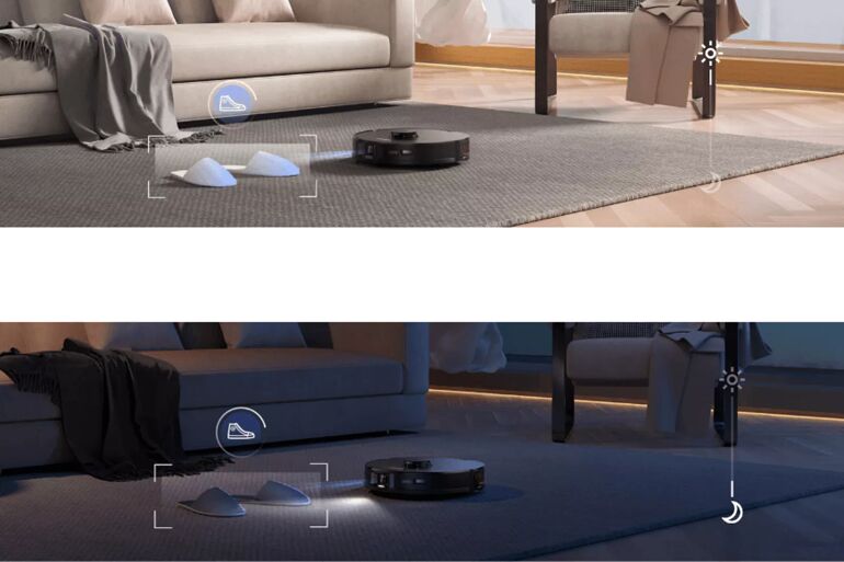 Es ist zu sehen, dass die Hinderniserkennung des Roborock S7 MaxV auch bei schlechten Lichtverhältnissen funktioniert