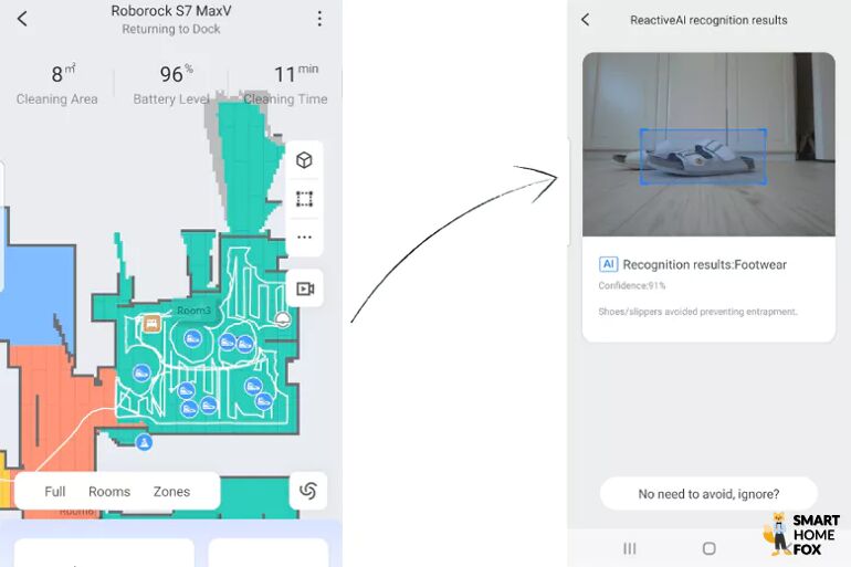 In der Roborock S7 MaxV Ultra App werden Fotos von den erkannten Hindernissen auf der Karte angezeigt.
