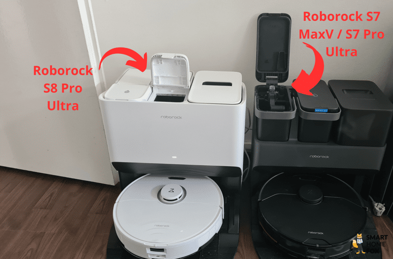 Die unterschiedliche Wassertanköffnung an den Wassertankbehältern der Roborock S8 Pro Ultra Station im Vergleich zur Roborock S7 Pro Ultra bzw. S7 MaxV Ultra Station ist zu sehen.