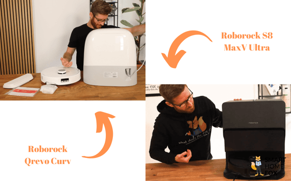 Roborock Qrevo Curv und Roborock S8 MaxV stehen sich gegenüber