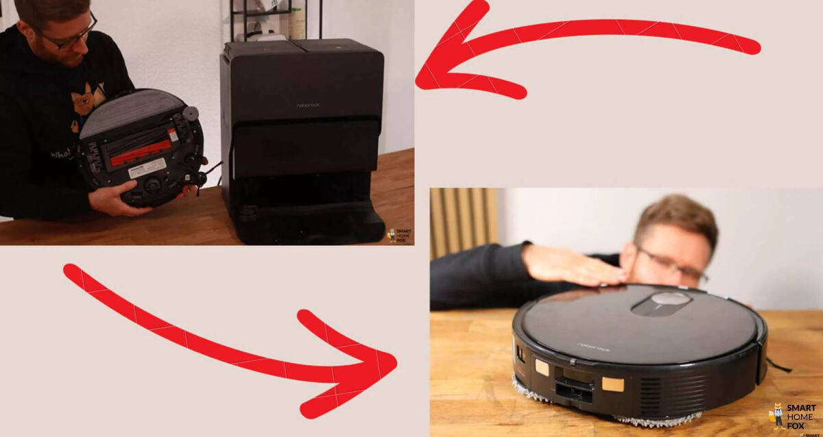 Roborock QRevo Slim steht rechts unten und Roborock S8 MaxV Ultra steht links oben