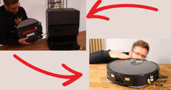 Roborock QRevo Slim steht rechts unten und Roborock S8 MaxV Ultra steht links oben