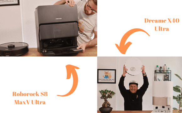 Der Roborock S8 MaxV Ultra vs. Dreame X40 Ultra sind bei einem Vergleich nebeneinander zu sehen.