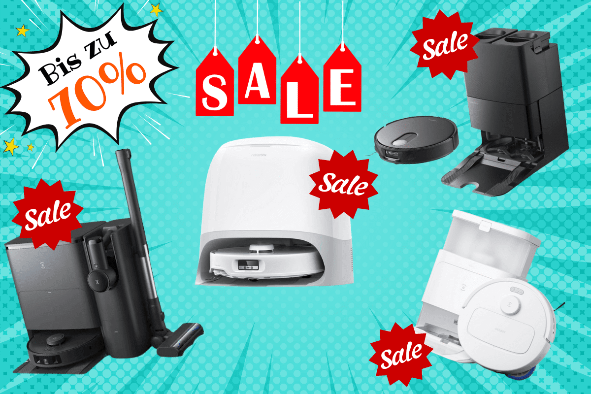 Die besten Saugroboter Angebote, stark reduzierte Saug- und Wischroboter ind zu sehen nebeneinander und mit starken Rabatten gekennzeichnet.