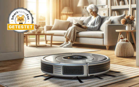 Ein Senior sitz auf der Couch während ein Saugroboter den Boden reinigt.