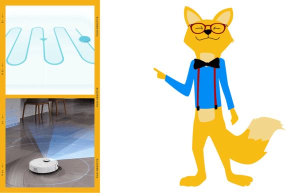 Der Smart Home Fox Fuchs zeigt mit dem Finger auf einen Saugroboter mit Lasernavigation