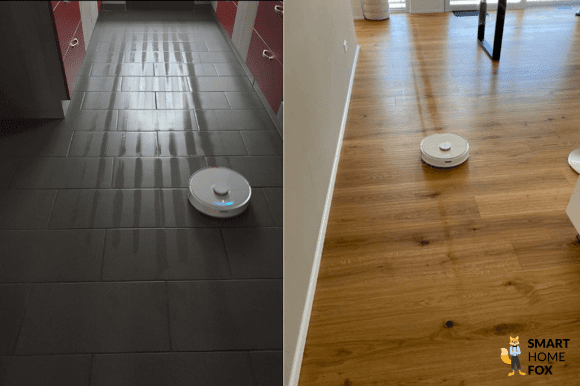 Ein Roborock Wischroboter wischt den Boden und das Wischtuch ist trocken.