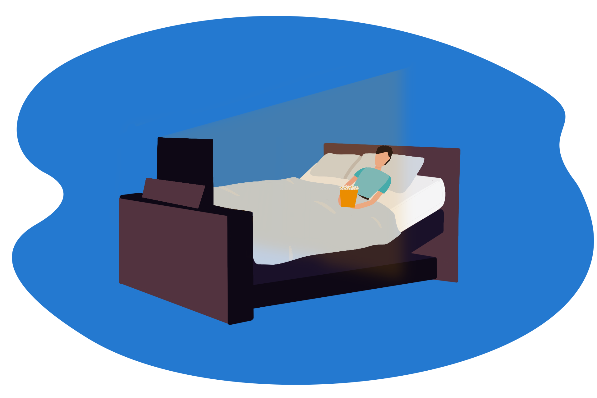 Man sieht eine Person, die Abends im Bett Fernseh schaut.