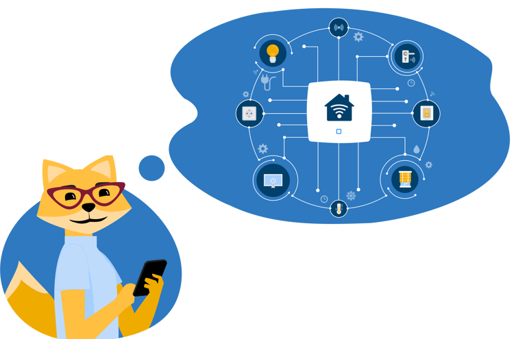Smart Home Fox am Handy denkt über Smart Home nach
