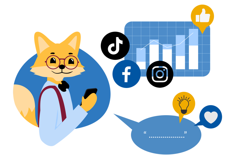 Smart Home Fox mit Statistik, Sprechblase und verschiedenen Icons