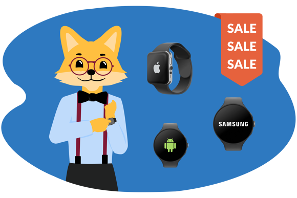 Man sieht den Smarthome-Fuchs mit verschiedenen Smartwatches.