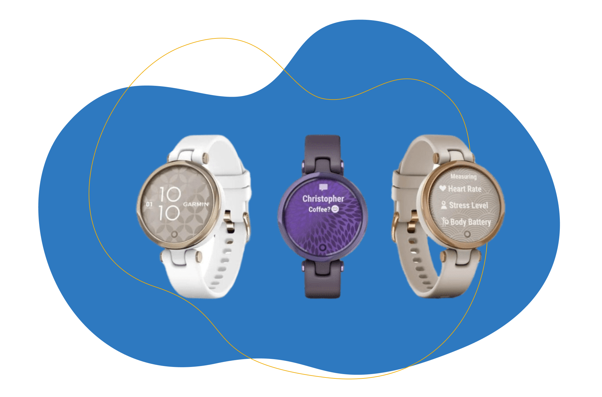 Man sieht verschiedene Ausführungen der Garmin Lily Smartwatch.