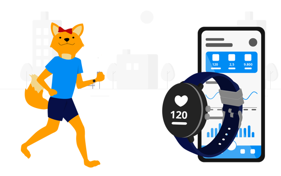 Man sieht einen weiblichen Smarthome-Fuchs mit einer Smartwatch.