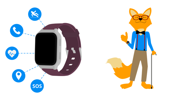 Man sieht den Smarthome-Fuchs, wie er sich eine Senioren-Smartwatch anschaut.