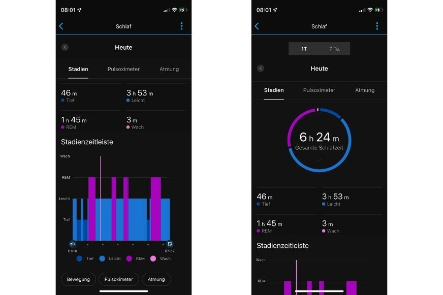 Man sieht die aufgezeichneten Schlafdaten in der App.