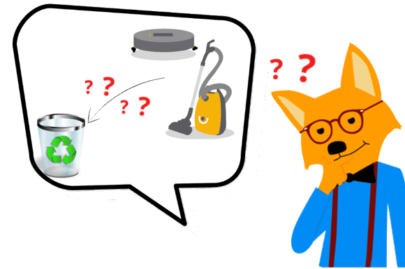 Der Smart Home Fox Fuchs überlegt, wie alte Staubsauger richtig zu entsorgen sind