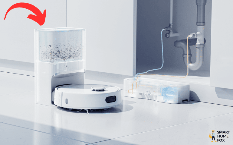 Der Funktionsumfang der Absaugstation des SwitchBot S10 ist zu sehen.