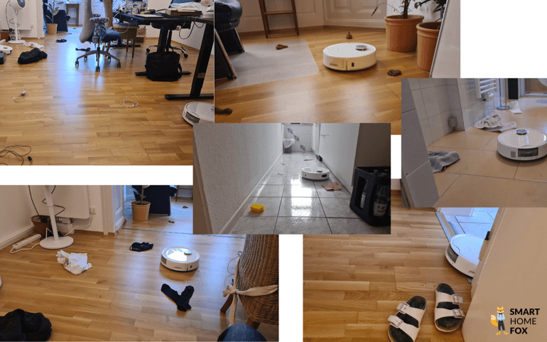 Die verschiedenen Objekte welche auf dem Boden beim Test des SwitchBot S10 verteilt wurden, sind zu sehen.